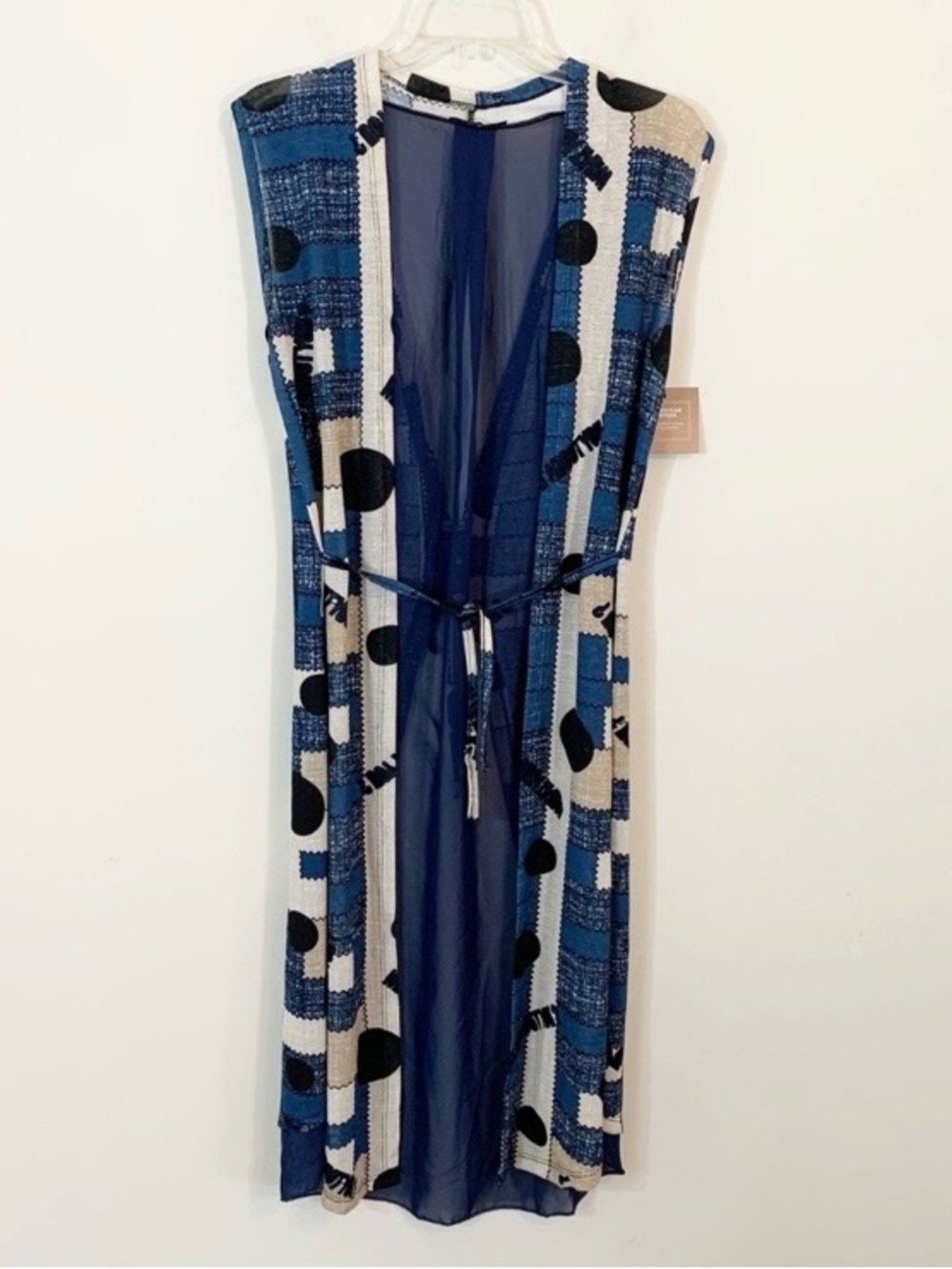 Sleeveless Blue Patterned Women’s Kaftan with Tie Waist